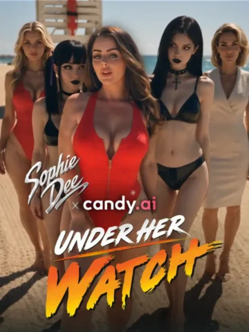 Under Her Watch Candy Shorts poster with an AI version of Sophie Dee at a private beach club